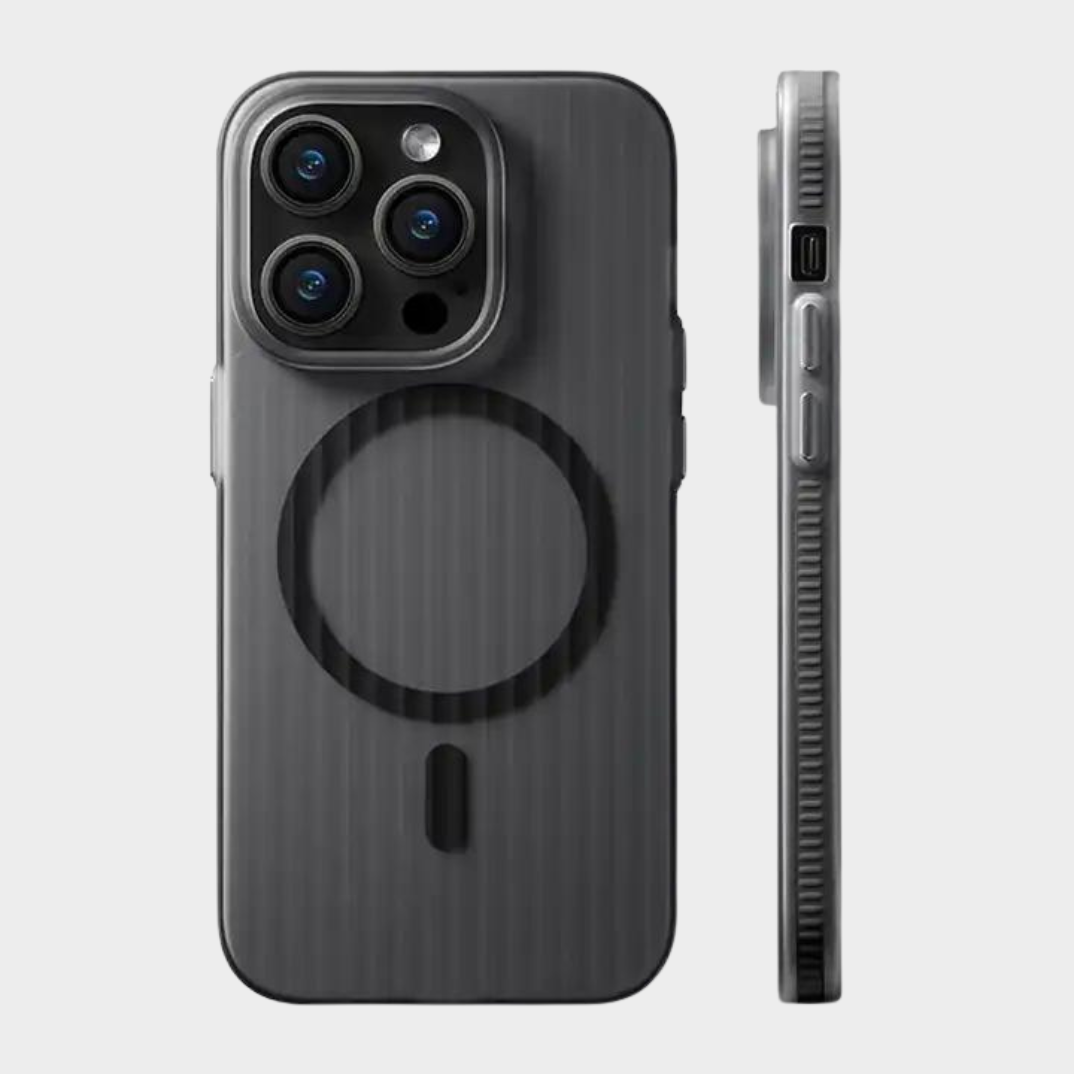 Black phone case with MagSafe feature on a gray background