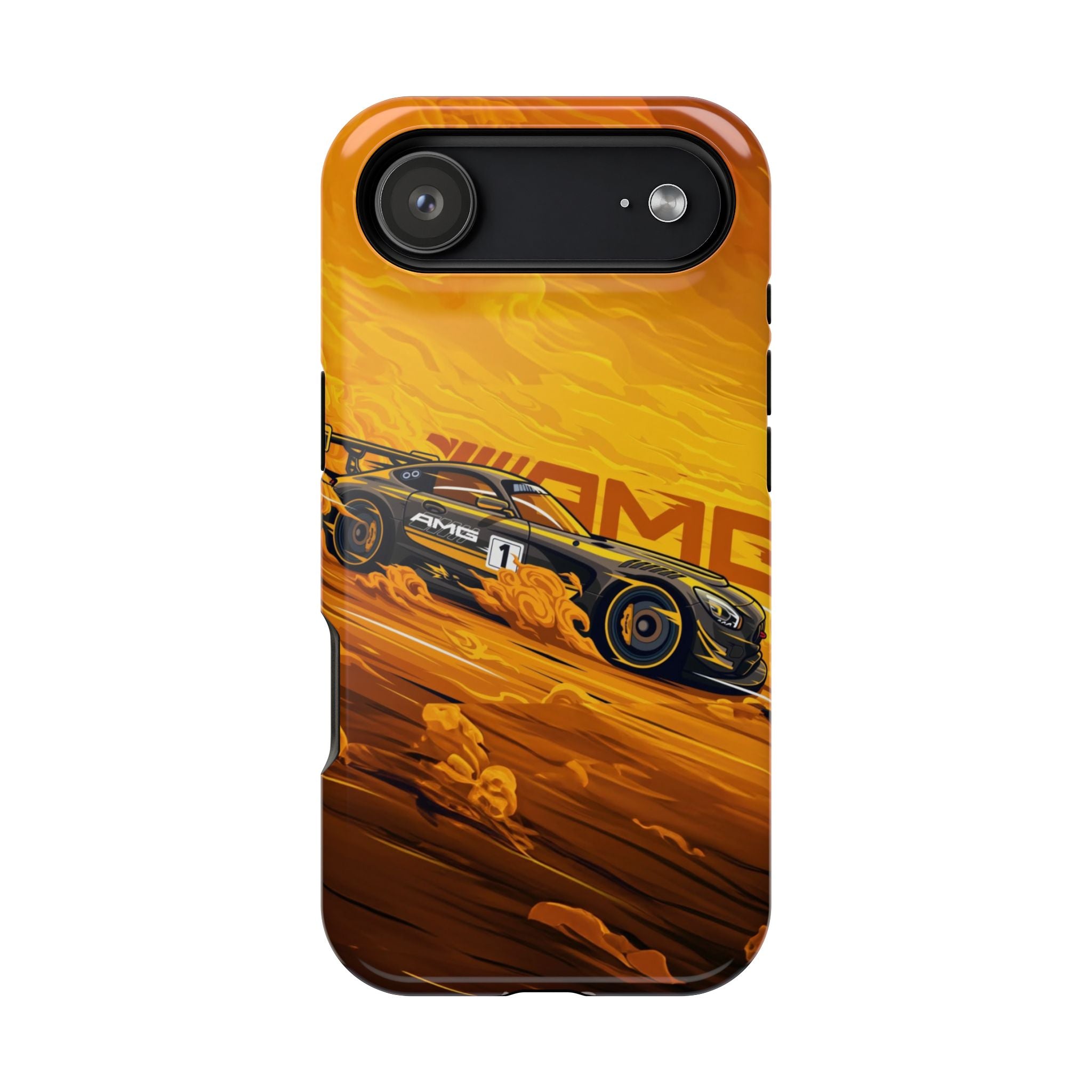 Phone case with AMG car design on an orange background